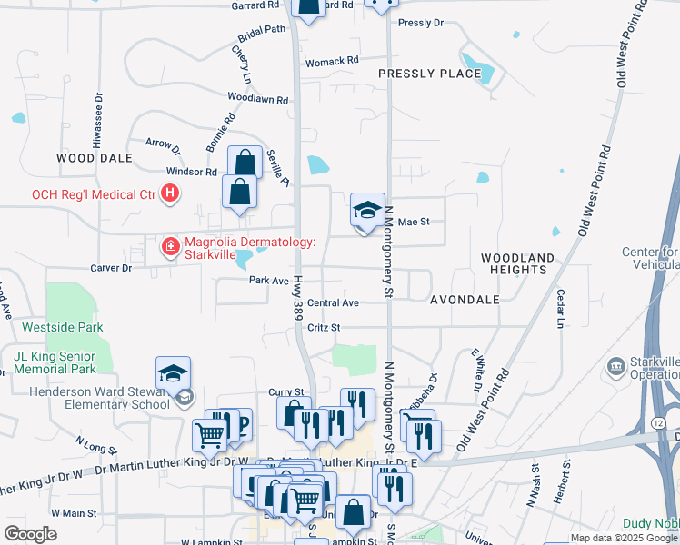 map of restaurants, bars, coffee shops, grocery stores, and more near 319 Santa Anita Drive in Starkville