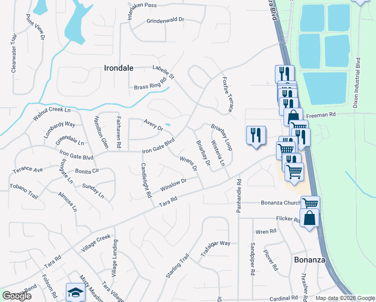 map of restaurants, bars, coffee shops, grocery stores, and more near 10311 Briarbay Drive in Jonesboro