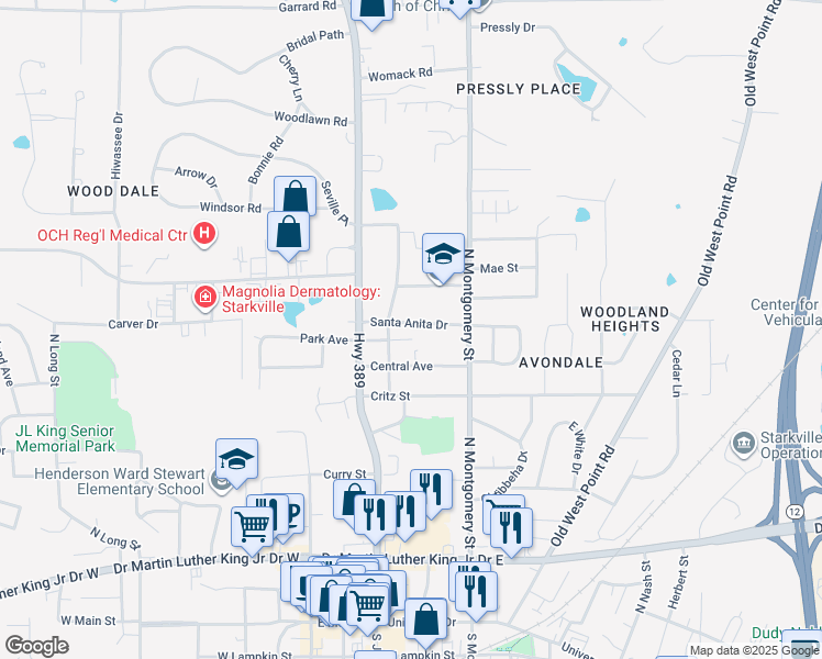 map of restaurants, bars, coffee shops, grocery stores, and more near 319 Santa Anita Drive in Starkville