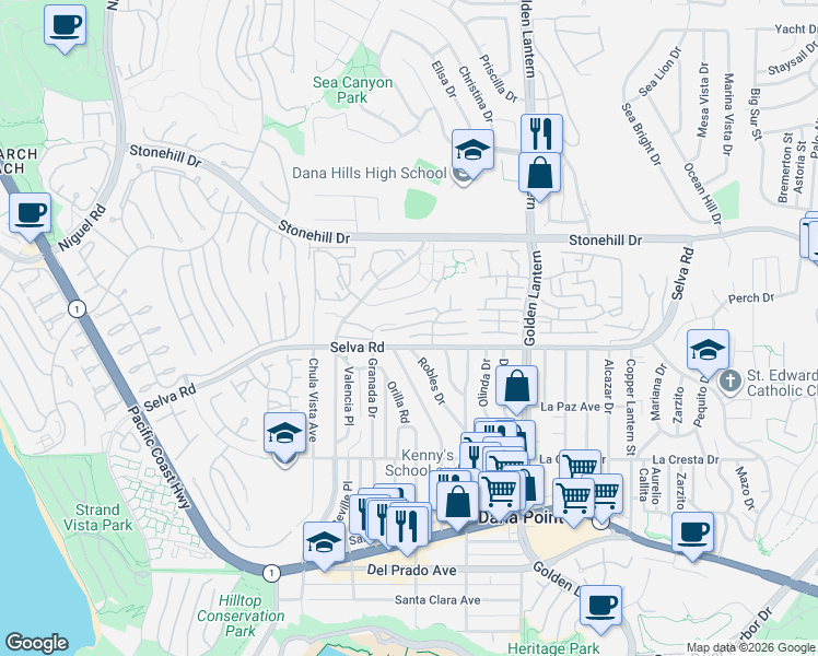map of restaurants, bars, coffee shops, grocery stores, and more near 24512 Polaris Drive in Dana Point