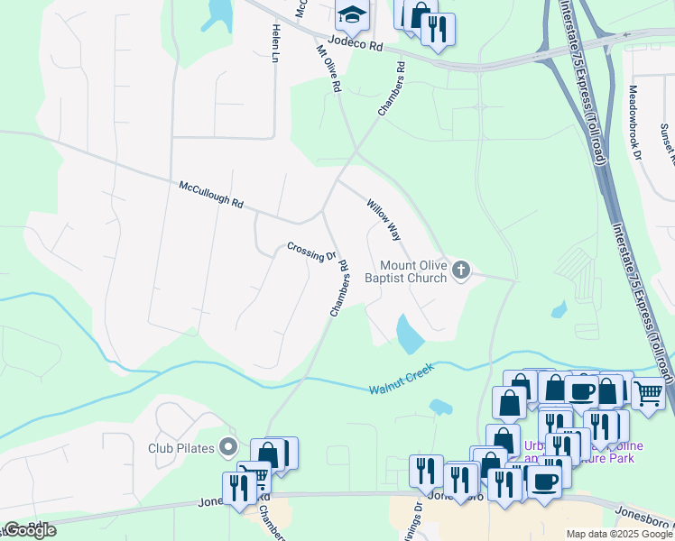 map of restaurants, bars, coffee shops, grocery stores, and more near 1951 Chambers Road in McDonough