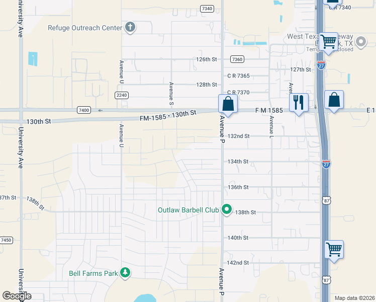 map of restaurants, bars, coffee shops, grocery stores, and more near 1601-1699 Farm to Market Road 1585 in Lubbock