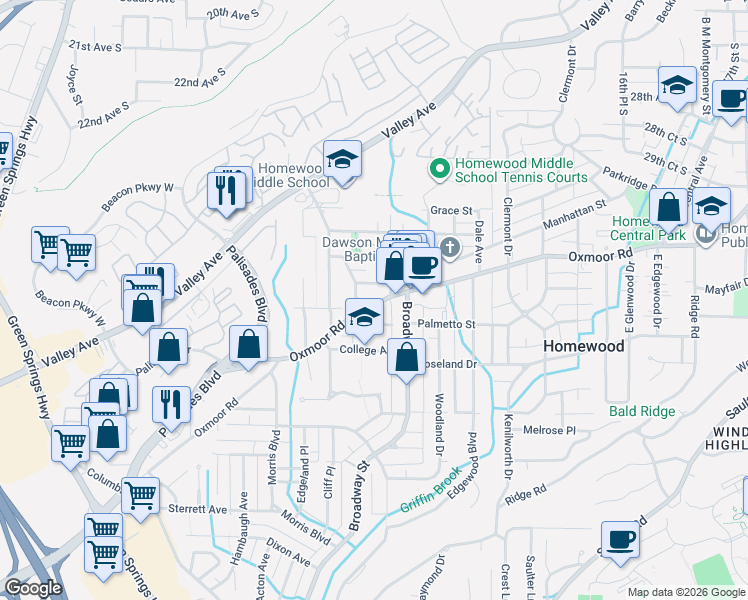 map of restaurants, bars, coffee shops, grocery stores, and more near 912 Oxmoor Road in Birmingham
