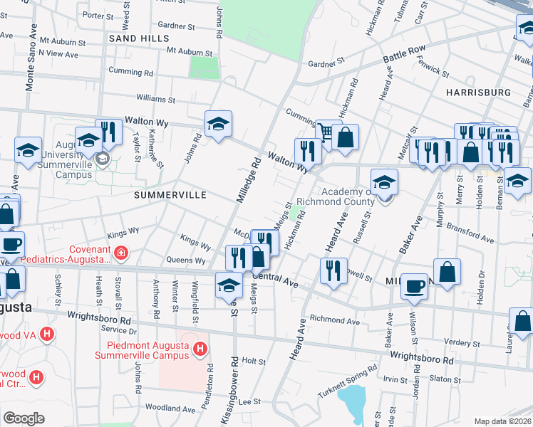 map of restaurants, bars, coffee shops, grocery stores, and more near 951 Meigs Street in Augusta