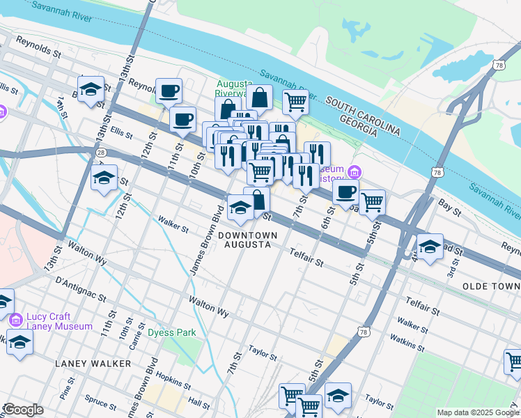 map of restaurants, bars, coffee shops, grocery stores, and more near in Augusta