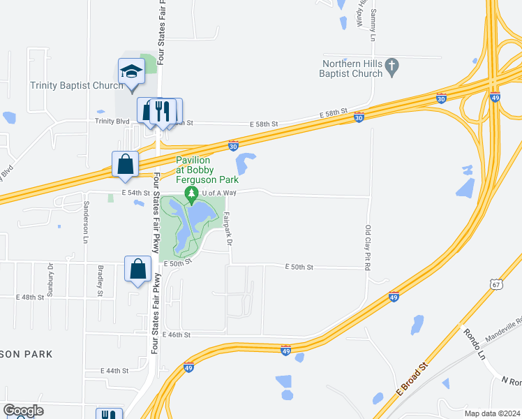 map of restaurants, bars, coffee shops, grocery stores, and more near 3920 U of A Way in Texarkana