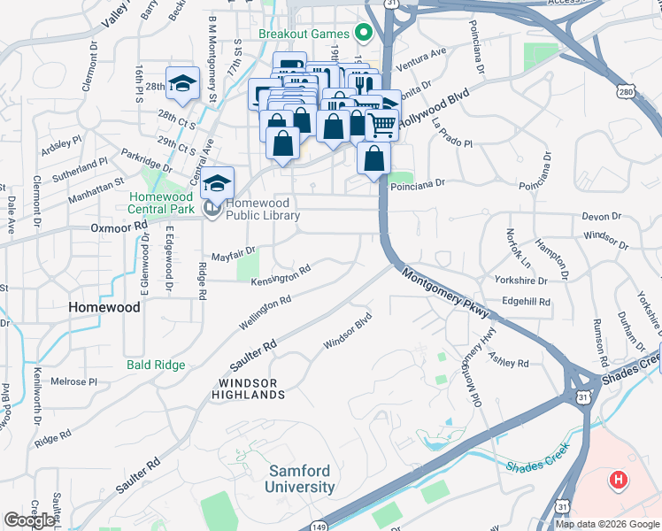 map of restaurants, bars, coffee shops, grocery stores, and more near 1816 Kensington Road in Birmingham