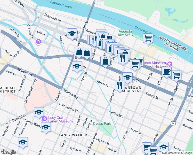 map of restaurants, bars, coffee shops, grocery stores, and more near 550 Augusta Canal Historic Trail in Augusta