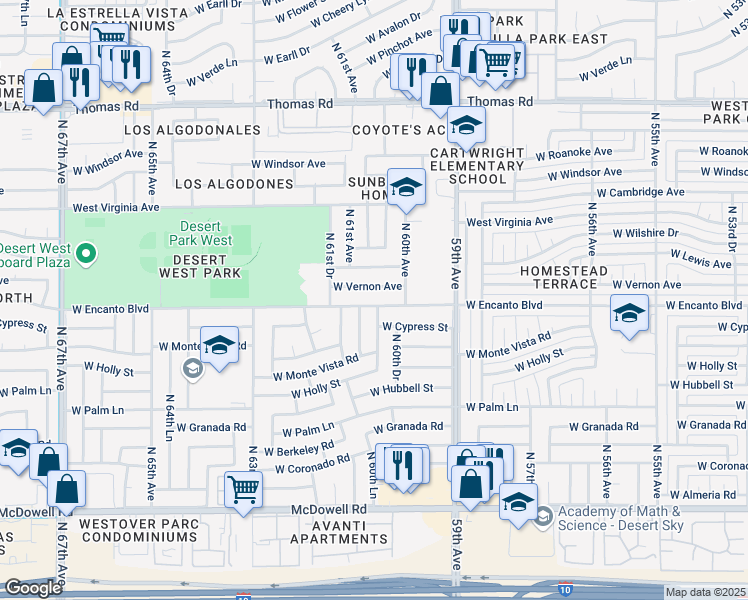 map of restaurants, bars, coffee shops, grocery stores, and more near 6020 West Vernon Avenue in Phoenix