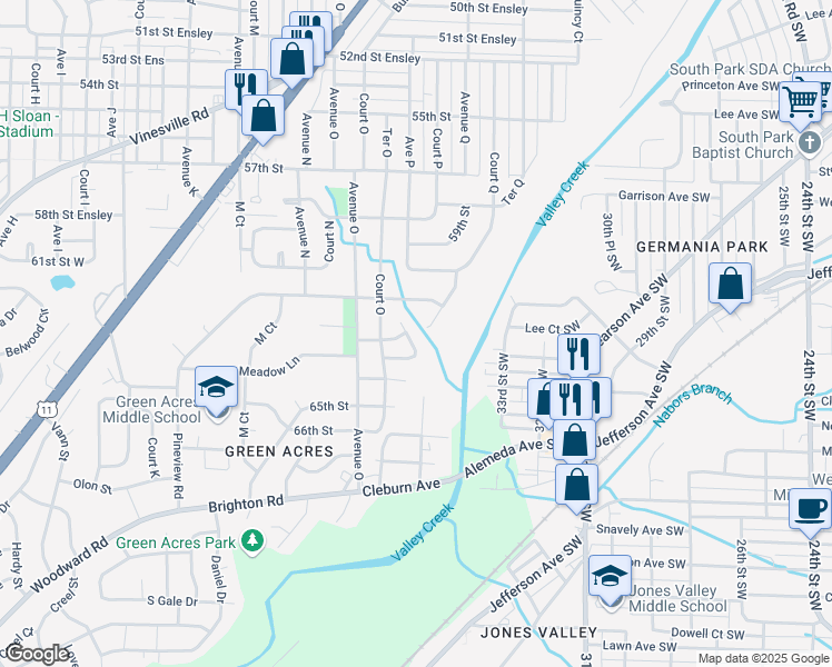 map of restaurants, bars, coffee shops, grocery stores, and more near 1565 Meadow Court in Birmingham