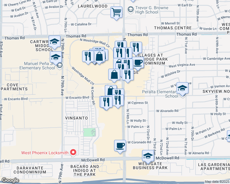 map of restaurants, bars, coffee shops, grocery stores, and more near 2302 North 75th Avenue in Phoenix