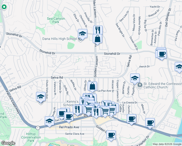 map of restaurants, bars, coffee shops, grocery stores, and more near 24722 Dana Point Drive in Dana Point