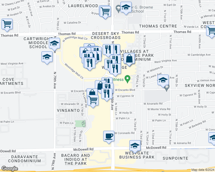map of restaurants, bars, coffee shops, grocery stores, and more near 2302 North 75th Avenue in Phoenix