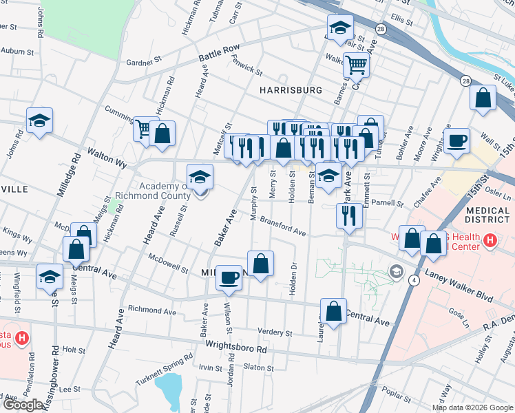 map of restaurants, bars, coffee shops, grocery stores, and more near 944 Murphy Street in Augusta