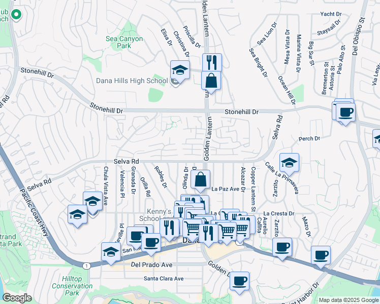 map of restaurants, bars, coffee shops, grocery stores, and more near 24682 Seacall Way in Dana Point