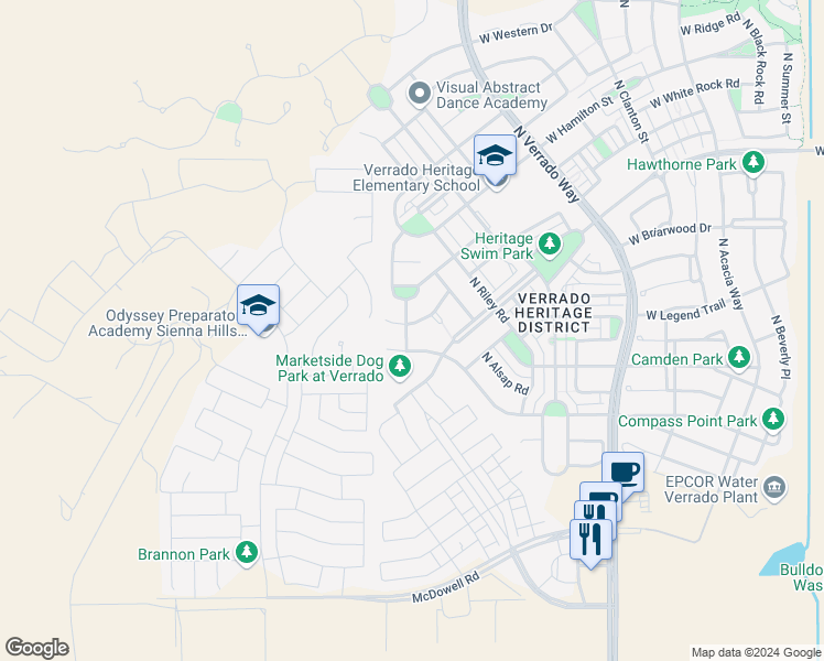 map of restaurants, bars, coffee shops, grocery stores, and more near 21047 West Maiden Lane in Buckeye