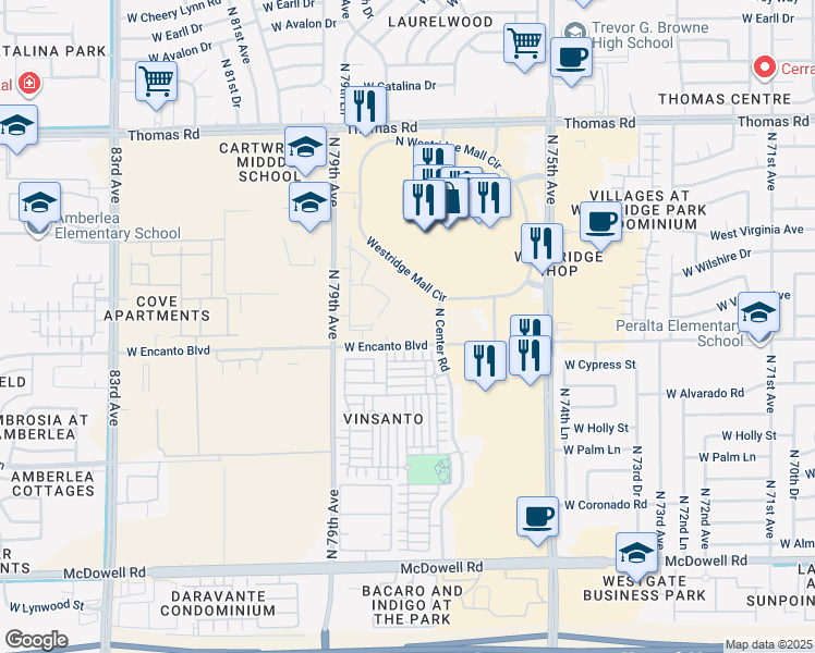 map of restaurants, bars, coffee shops, grocery stores, and more near 7750 West Encanto Boulevard in Phoenix