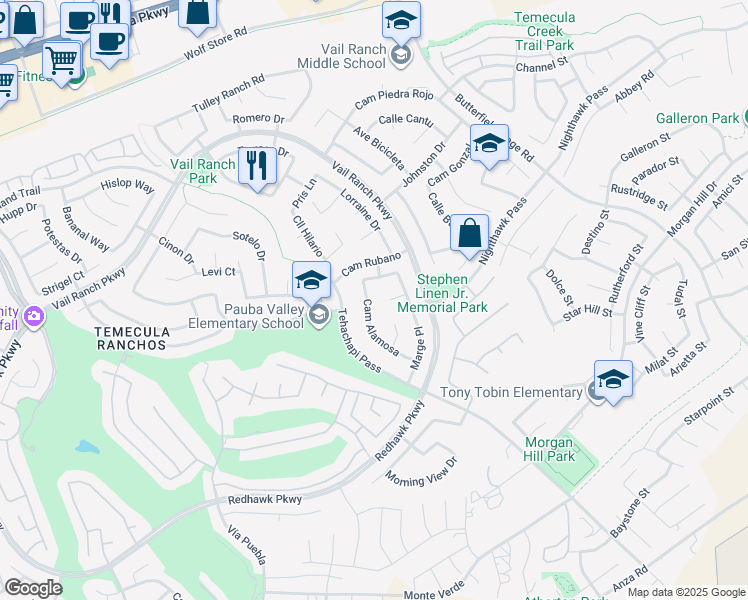 map of restaurants, bars, coffee shops, grocery stores, and more near 44822 Camino Alamosa in Temecula