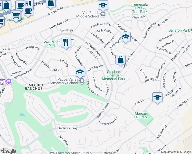 map of restaurants, bars, coffee shops, grocery stores, and more near 44822 Camino Alamosa in Temecula
