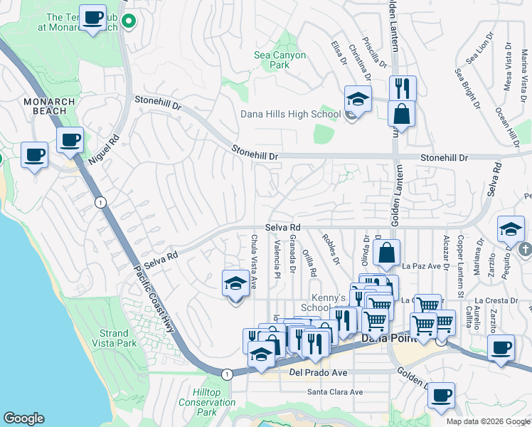 map of restaurants, bars, coffee shops, grocery stores, and more near 33695 Street of the Blue Lantern in Dana Point
