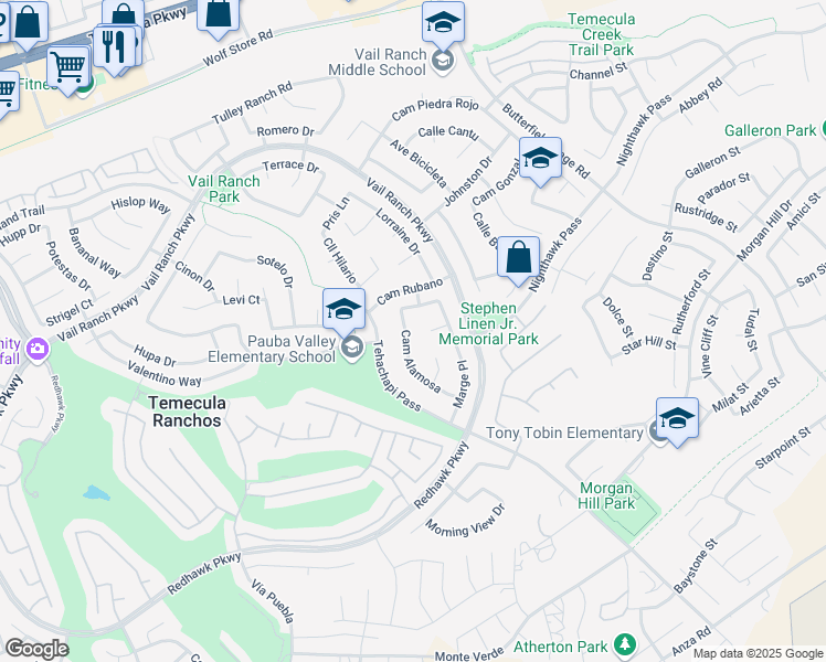 map of restaurants, bars, coffee shops, grocery stores, and more near 44822 Camino Alamosa in Temecula