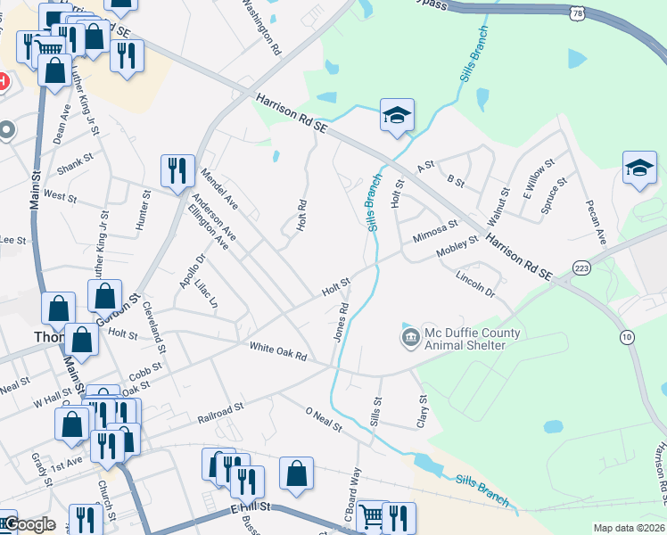 map of restaurants, bars, coffee shops, grocery stores, and more near 624-626 Holt Street in Thomson