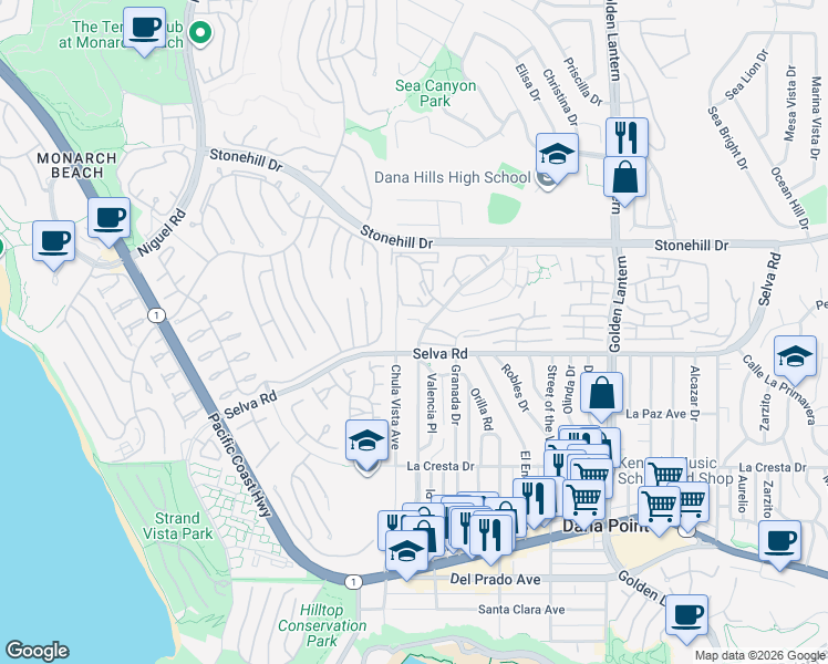 map of restaurants, bars, coffee shops, grocery stores, and more near 33695 Street of the Blue Lantern in Dana Point