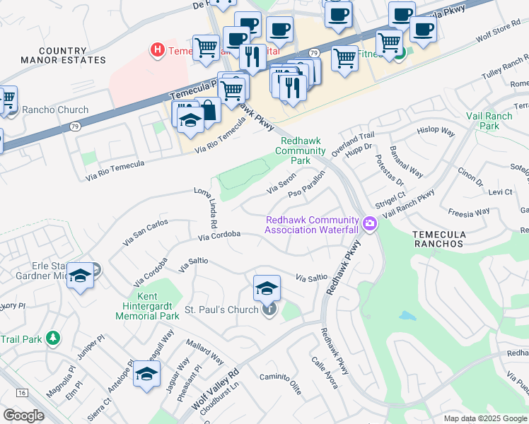 map of restaurants, bars, coffee shops, grocery stores, and more near 32000 Paseo Parallon in Temecula