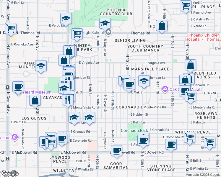 map of restaurants, bars, coffee shops, grocery stores, and more near 2330 North 11th Street in Phoenix