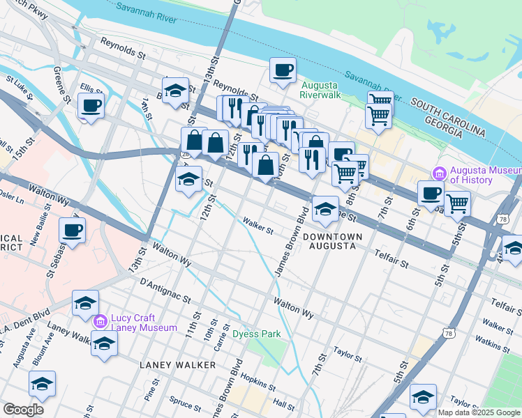 map of restaurants, bars, coffee shops, grocery stores, and more near 550 Augusta Canal Historic Trail in Augusta