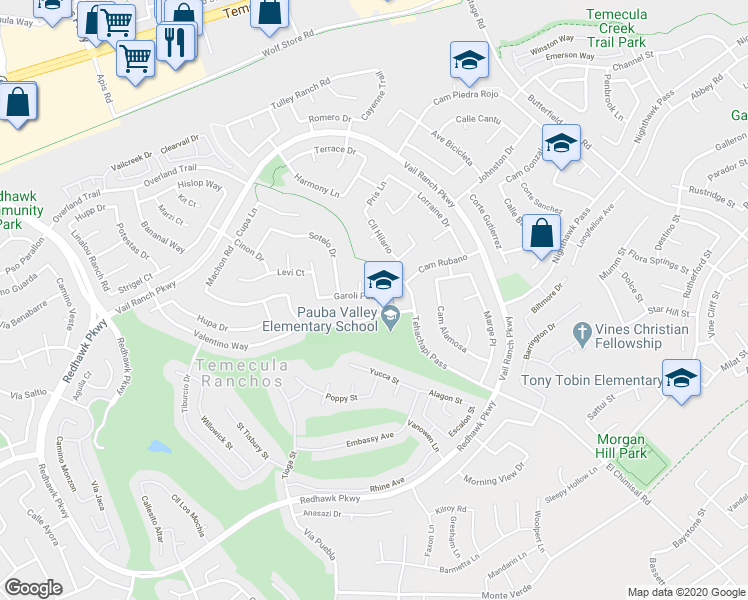 map of restaurants, bars, coffee shops, grocery stores, and more near 33127 Garoli Pass in Temecula