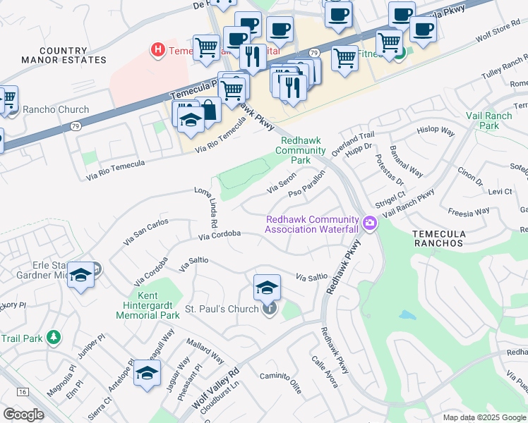 map of restaurants, bars, coffee shops, grocery stores, and more near 32000 Paseo Parallon in Temecula
