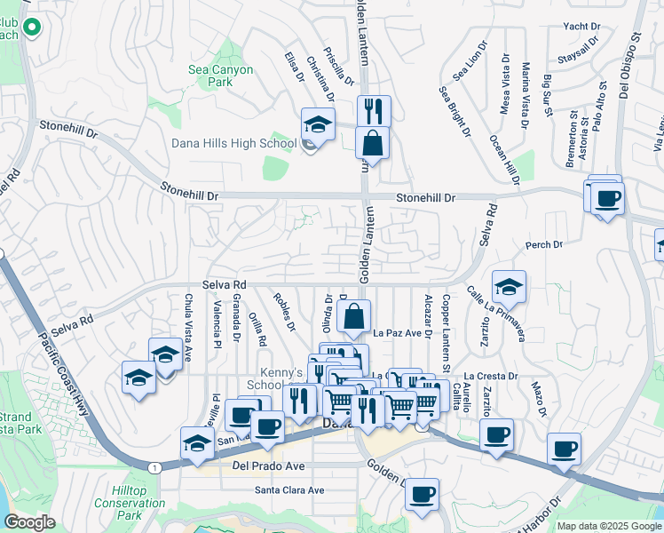 map of restaurants, bars, coffee shops, grocery stores, and more near 24682 Seacall Way in Dana Point
