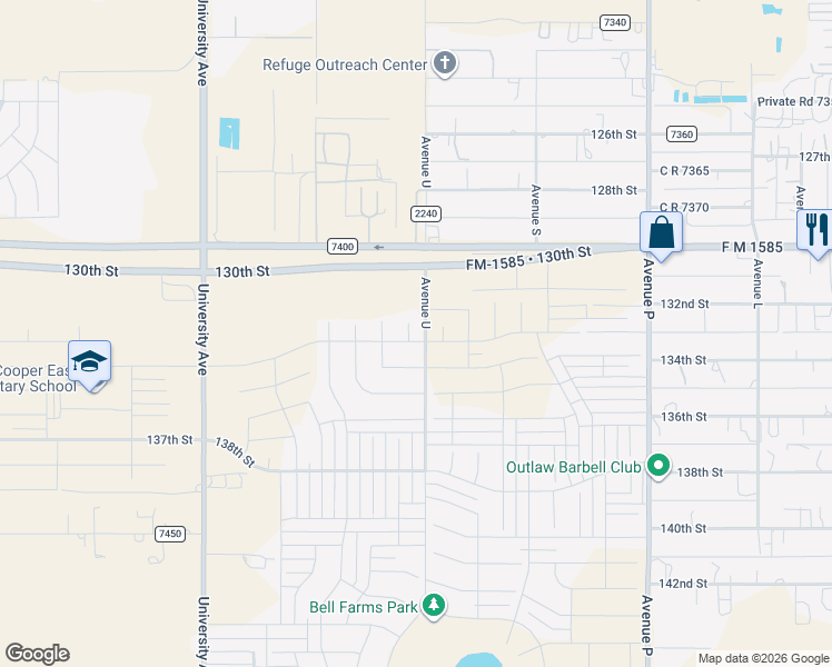 map of restaurants, bars, coffee shops, grocery stores, and more near 136th Street in Lubbock