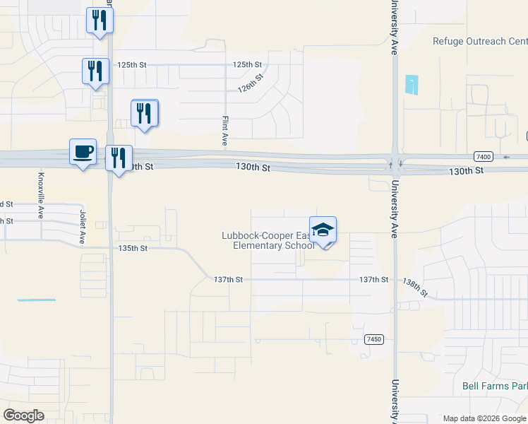 map of restaurants, bars, coffee shops, grocery stores, and more near 2501-2967 130th Street in Lubbock