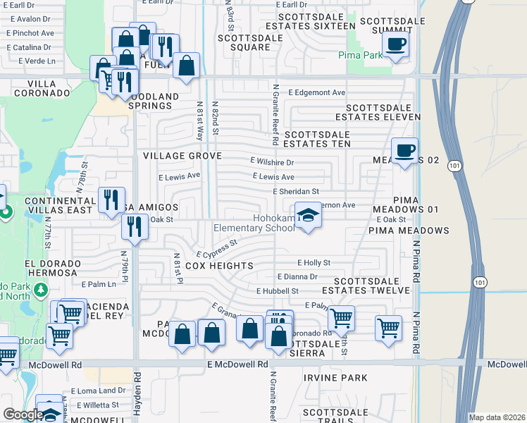 map of restaurants, bars, coffee shops, grocery stores, and more near 8316 East Vernon Avenue in Scottsdale