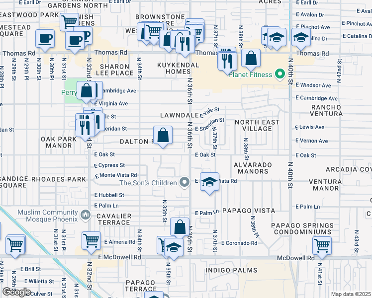 map of restaurants, bars, coffee shops, grocery stores, and more near 3535 East Harvard Street in Phoenix