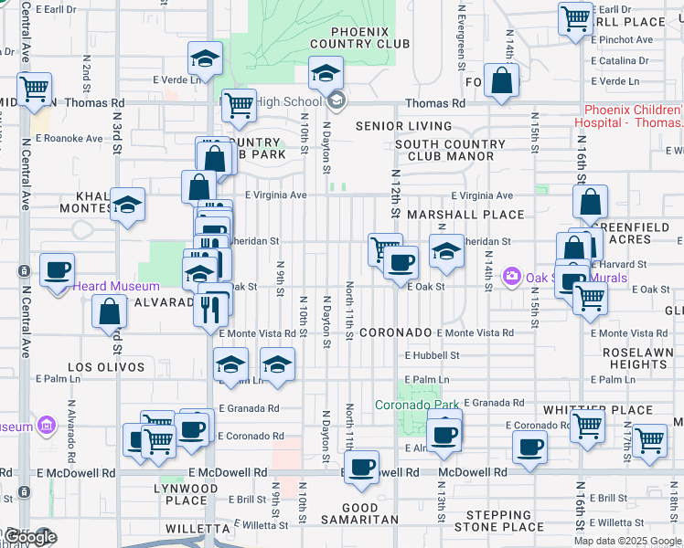 map of restaurants, bars, coffee shops, grocery stores, and more near 2330 North 11th Street in Phoenix