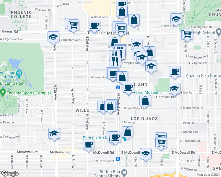 map of restaurants, bars, coffee shops, grocery stores, and more near 29 West Vernon Avenue in Phoenix