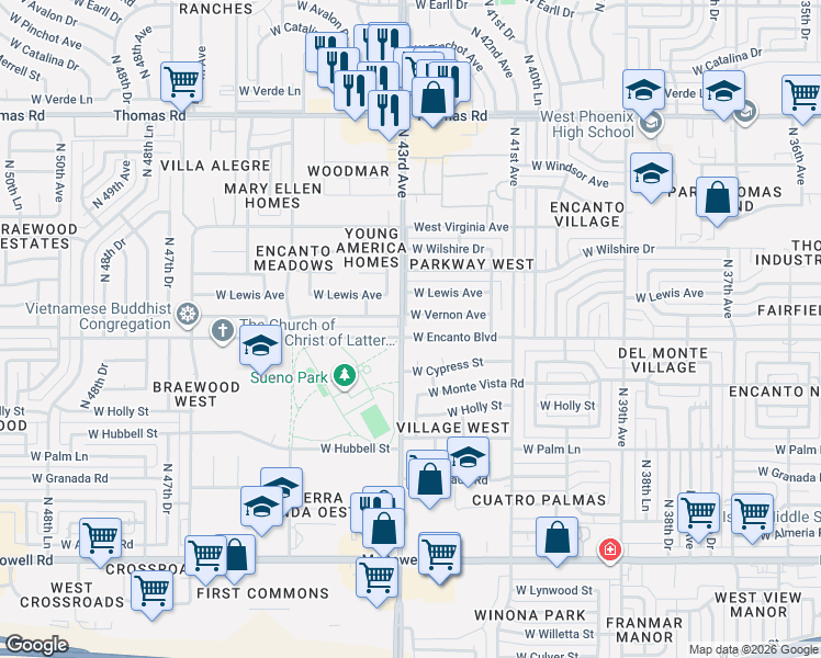 map of restaurants, bars, coffee shops, grocery stores, and more near 4302 West Vernon Avenue in Phoenix