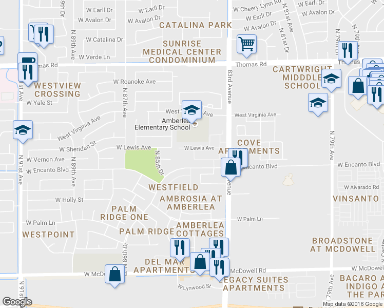 map of restaurants, bars, coffee shops, grocery stores, and more near 8432 West Lewis Avenue in Phoenix