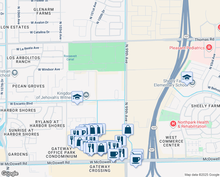 map of restaurants, bars, coffee shops, grocery stores, and more near 2226 North 99th Avenue in Avondale