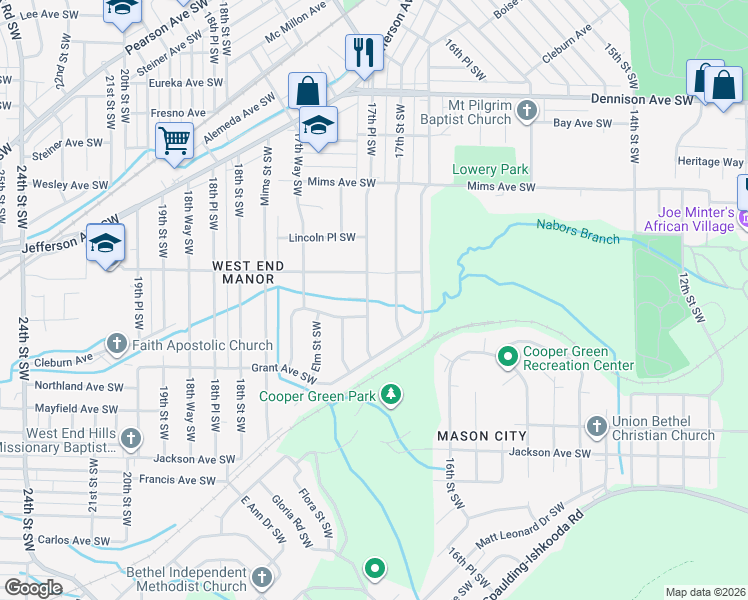 map of restaurants, bars, coffee shops, grocery stores, and more near 1609 17th Place Southwest in Birmingham