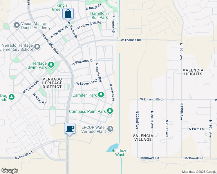map of restaurants, bars, coffee shops, grocery stores, and more near 2438 North Beverly Place in Buckeye
