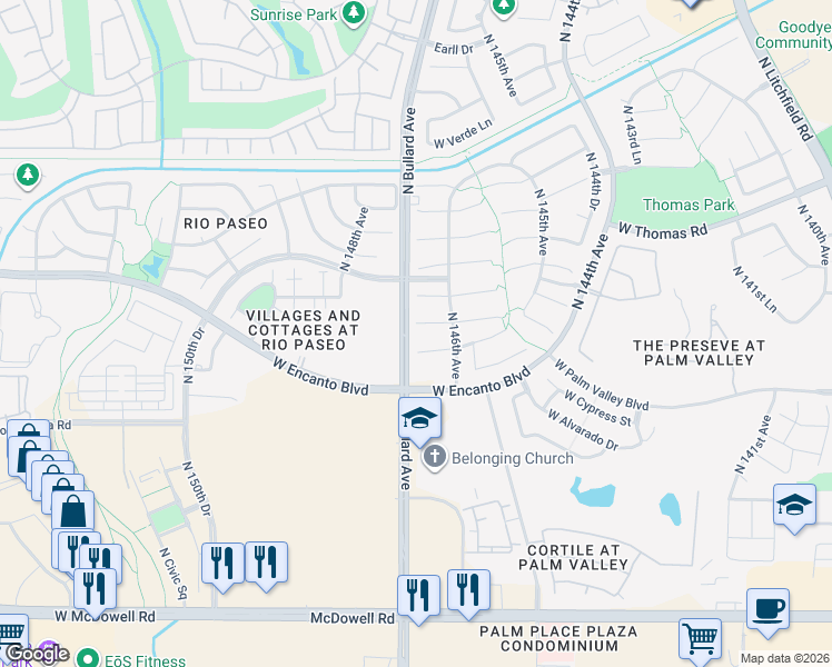map of restaurants, bars, coffee shops, grocery stores, and more near 14683 West Wilshire Drive in Goodyear