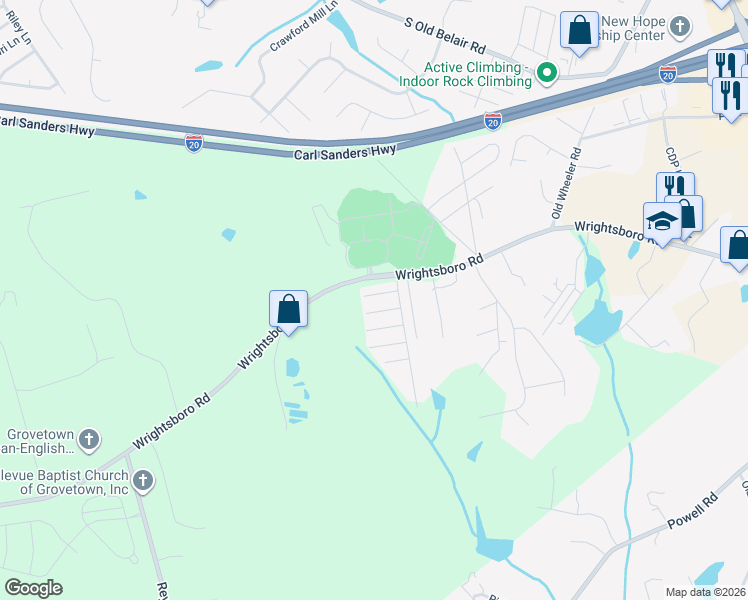 map of restaurants, bars, coffee shops, grocery stores, and more near 1423 Anna Way in Grovetown