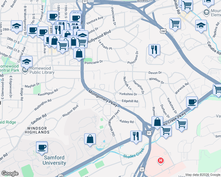 map of restaurants, bars, coffee shops, grocery stores, and more near 111 Devon Drive in Birmingham