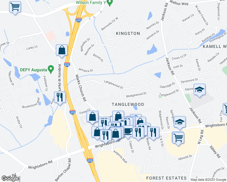 map of restaurants, bars, coffee shops, grocery stores, and more near 3361 Braeswood Court in Augusta