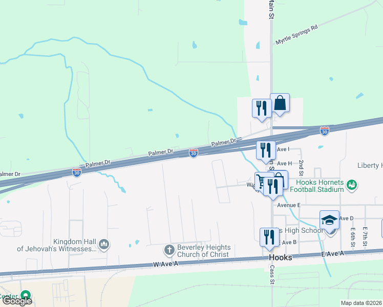 map of restaurants, bars, coffee shops, grocery stores, and more near Interstate 30 in Hooks