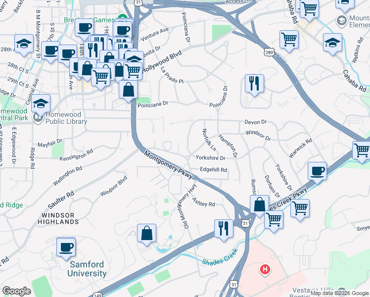 map of restaurants, bars, coffee shops, grocery stores, and more near 109 Devon Drive in Birmingham